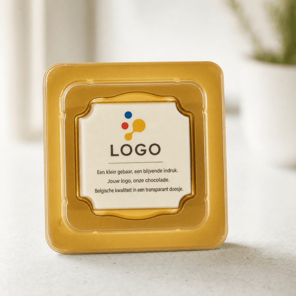 Logo-Praline aus Schokolade in Klarsichtbox - productafbeelding 1