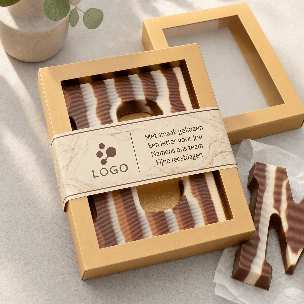 Marbled chocolate letter with printed sleeve