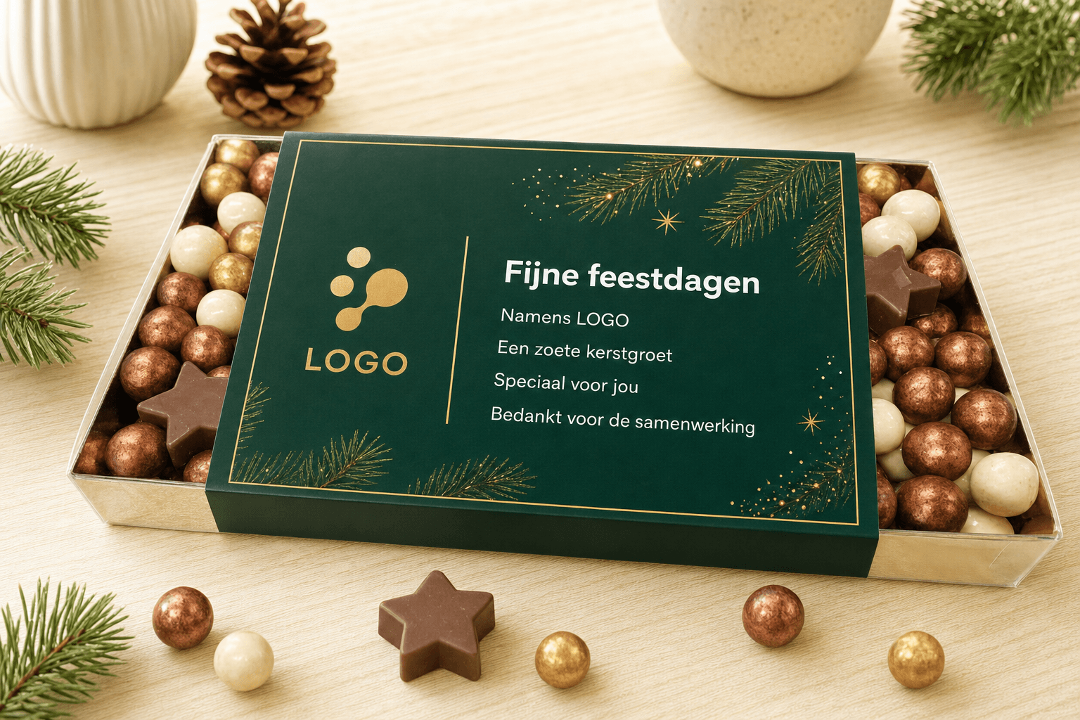 Christmas box with chocolate stars and baubles
