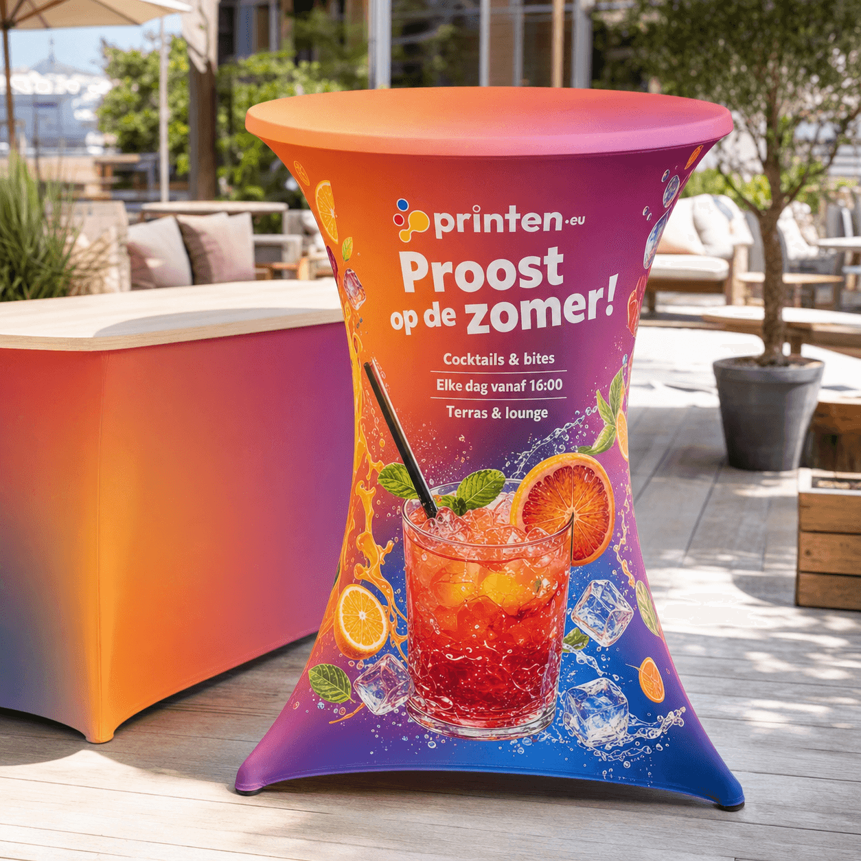 Stretch tafelhoes met full colour bedrukking - productafbeelding 1