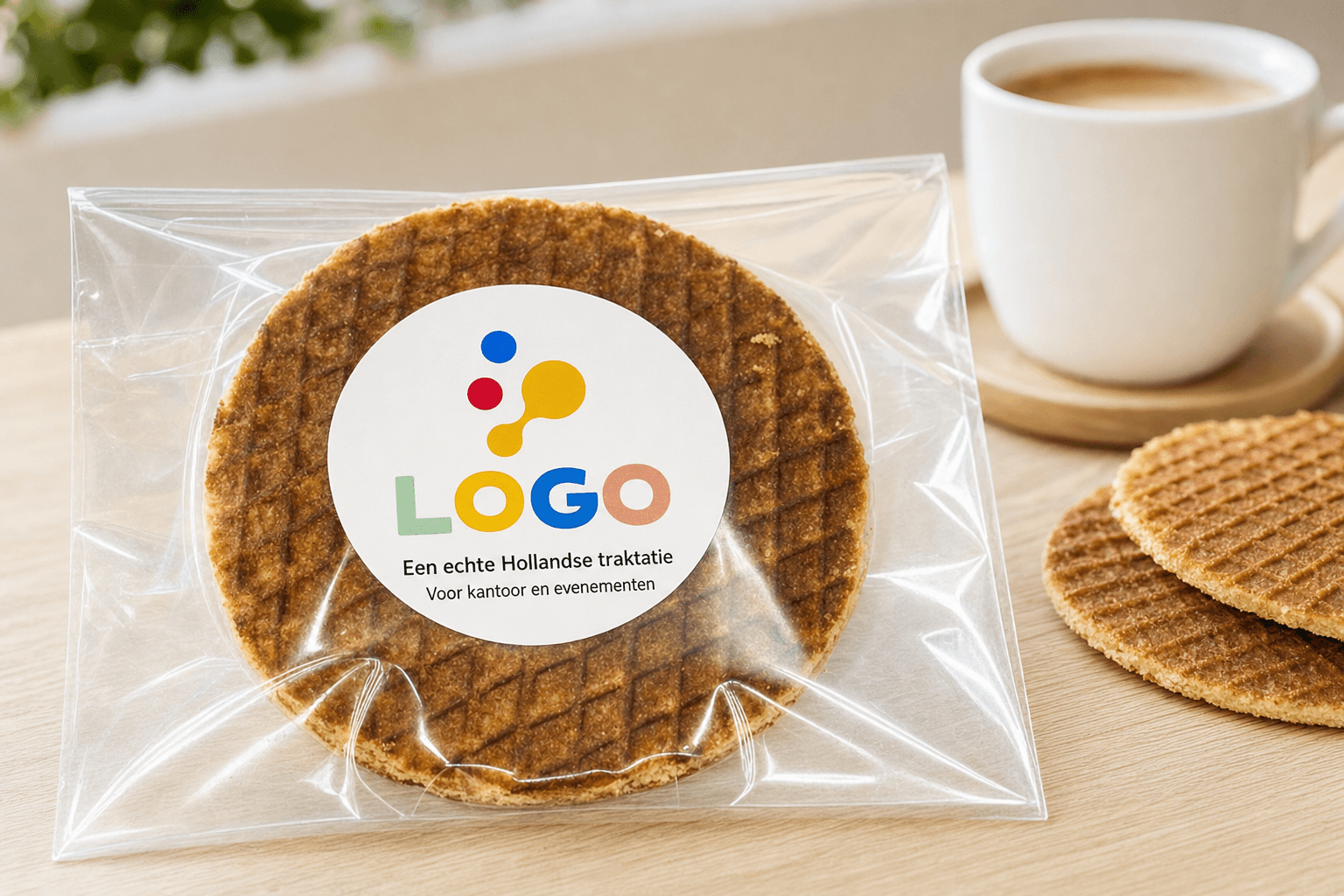 Grande gaufre au caramel (stroopwafel) avec autocollant logo - productafbeelding 1