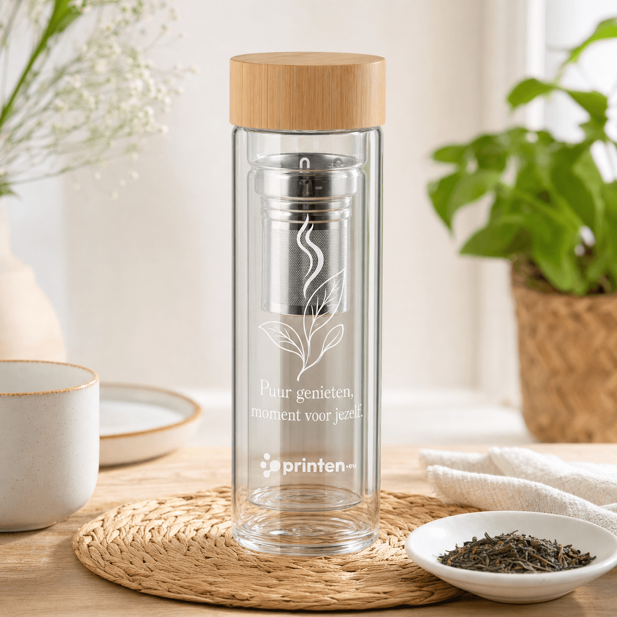 Theefles Glas 420 ml met Bamboe Dop en Theefilter - productafbeelding 1