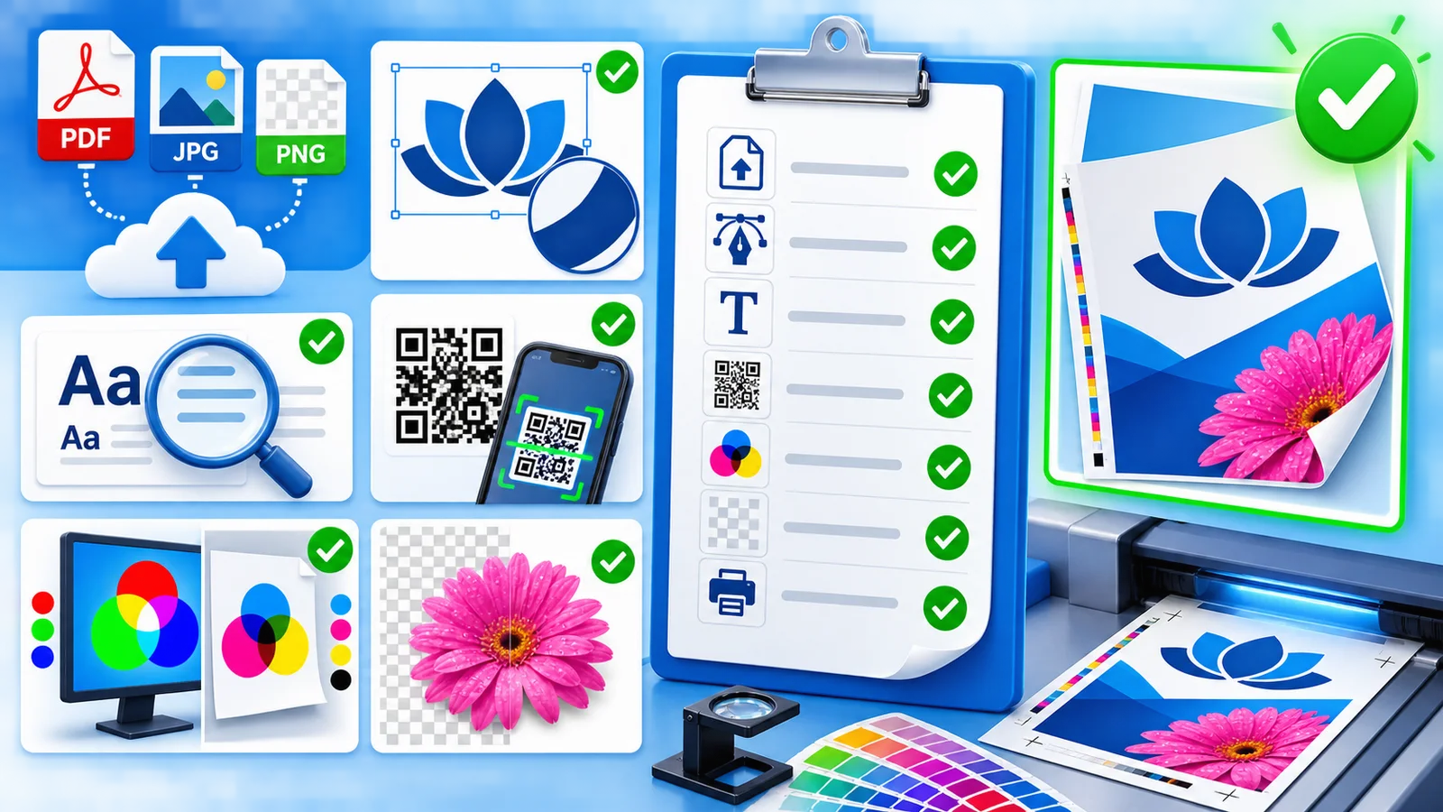 Visual check of file type, logo, text, QR code, colour and transparency