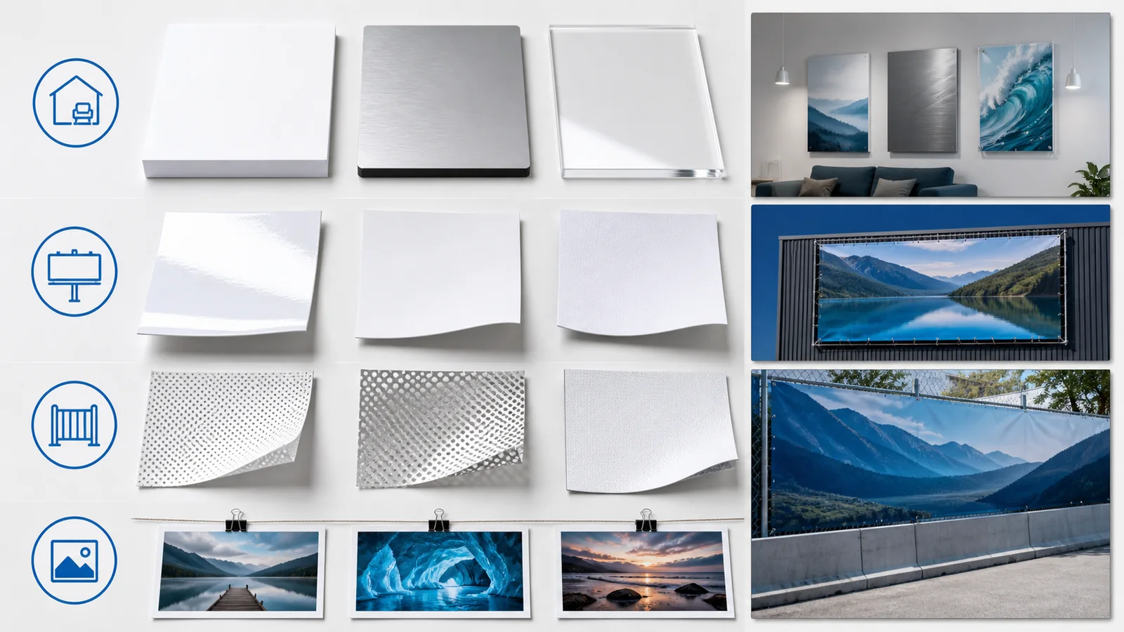 Comparison of board, paper and banner materials for different uses